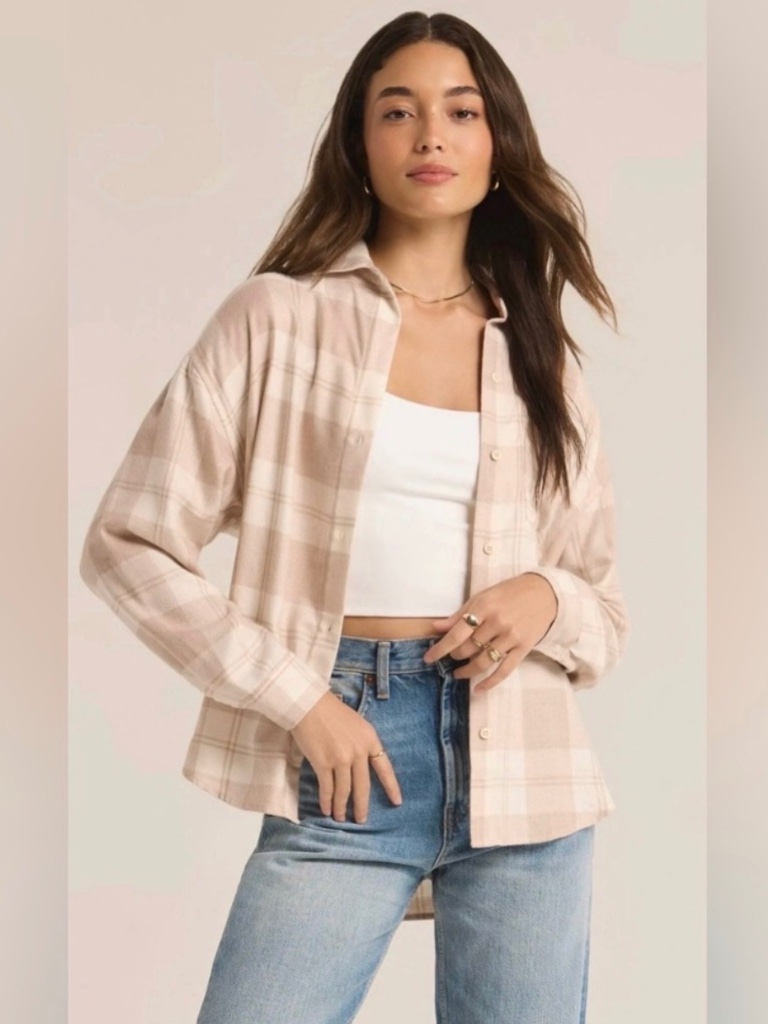 Nwt Z Supply River Plaid Button Up Shirt Putty Beige Cream Flannel Size S